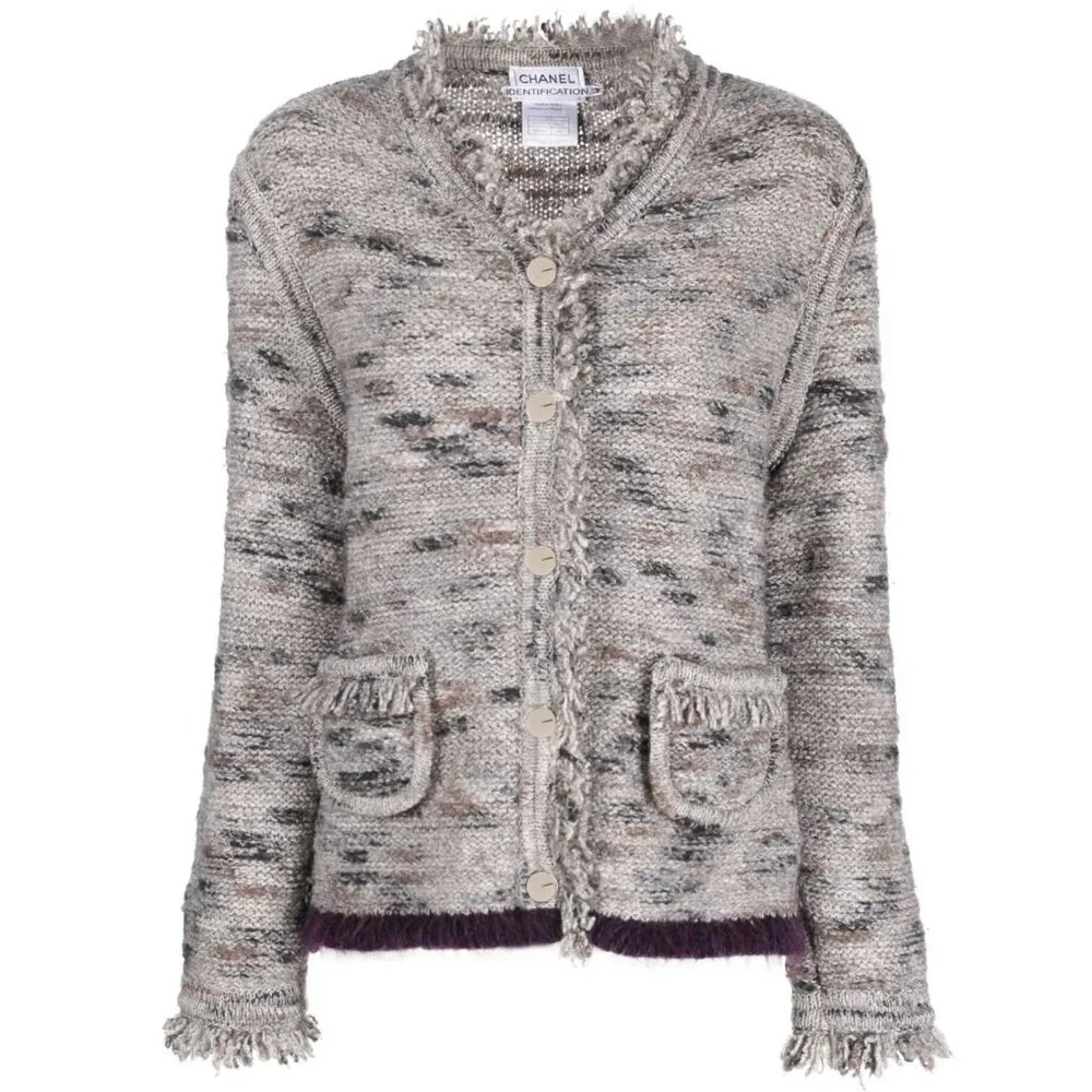 Vintage Chanel 1999 Fall Runway Grey Wool Fringe Sweater - FR 40